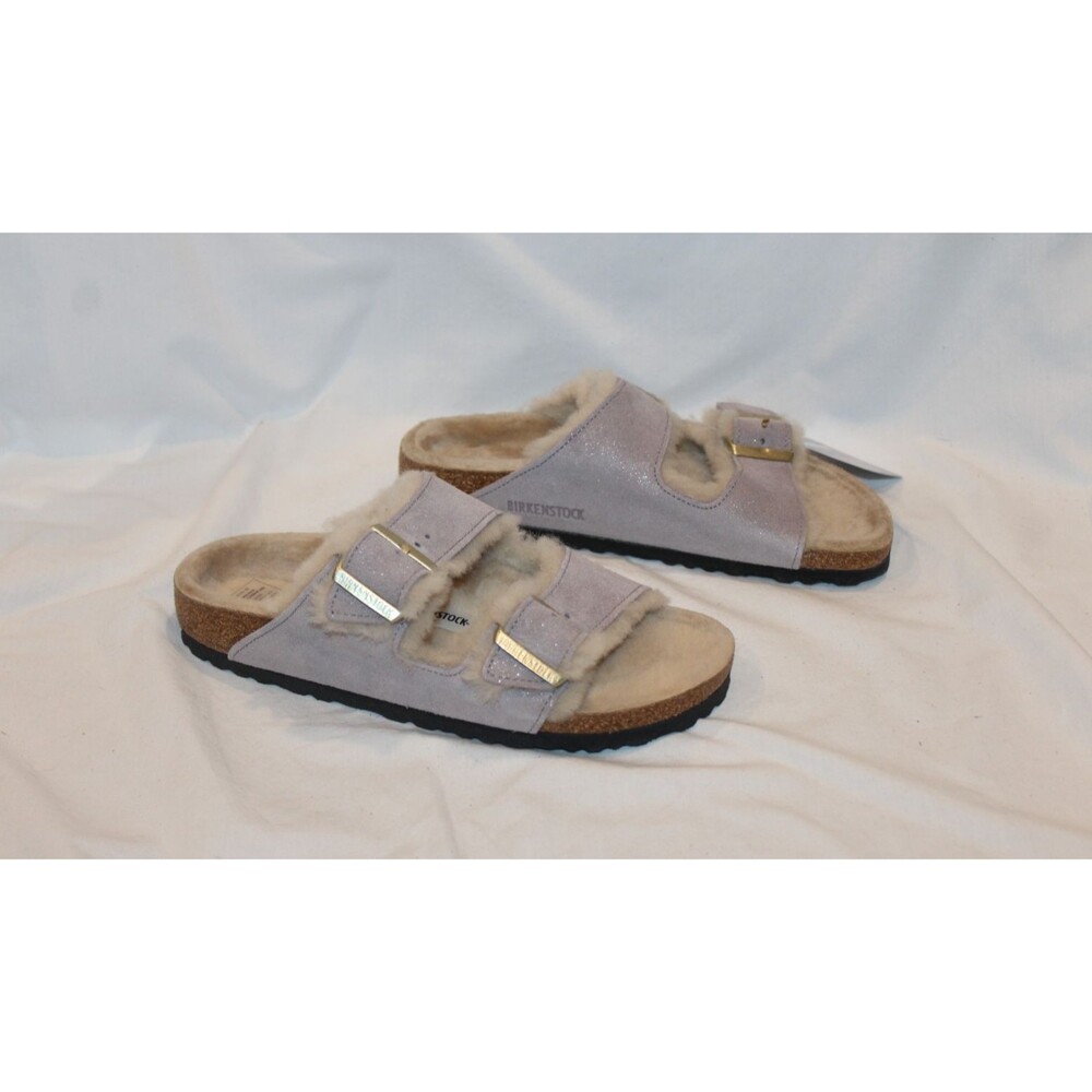 Birkenstock Women's EU 38 NARROW Arizona Shimmer Shearling Sandals Purple